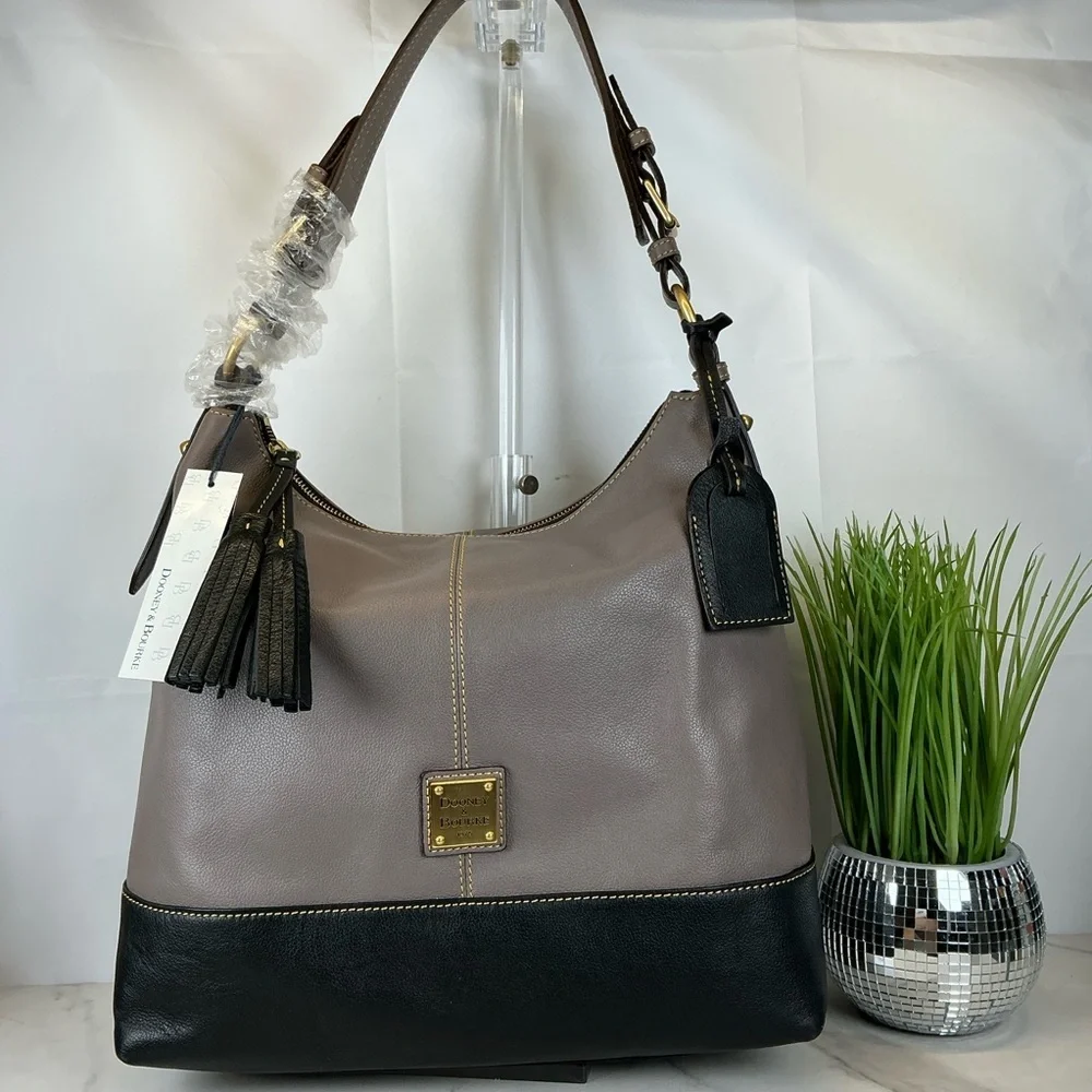 Dooney & Bourke Sophie Hobo Mushroom Taupe Black Leather Bag Tassels NWT‎